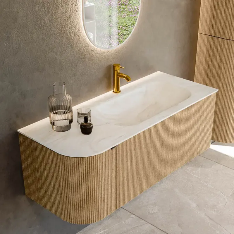 Alleen Vandaag Mondiaz Kurve-dlux 115cm badmeubel ronding links oak met 1 lade en deur en wastafel big small kraangat rechts ostra