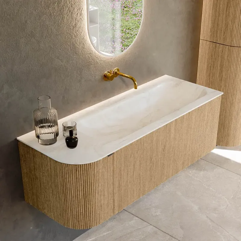 Mondiaz Kurve-dlux 125cm badmeubel ronding links oak met 1 lade en deur en wastafel big medium rechts zonder kraangat ostra Uitverkoop