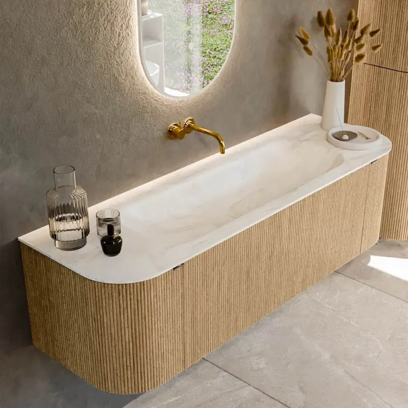 Mondiaz Kurve-dlux 150cm badmeubel ronding links/rechts oak met 1 lade en 2 deuren en wastafel big medium midden zonder kraangat ostra Aanbieding