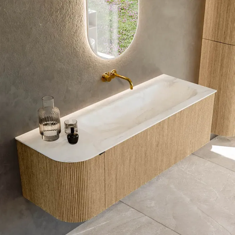 Mondiaz Kurve-dlux 135cm badmeubel ronding links oak met 1 lade en deur en wastafel big medium rechts zonder kraangat ostra Direct Beschikbaar