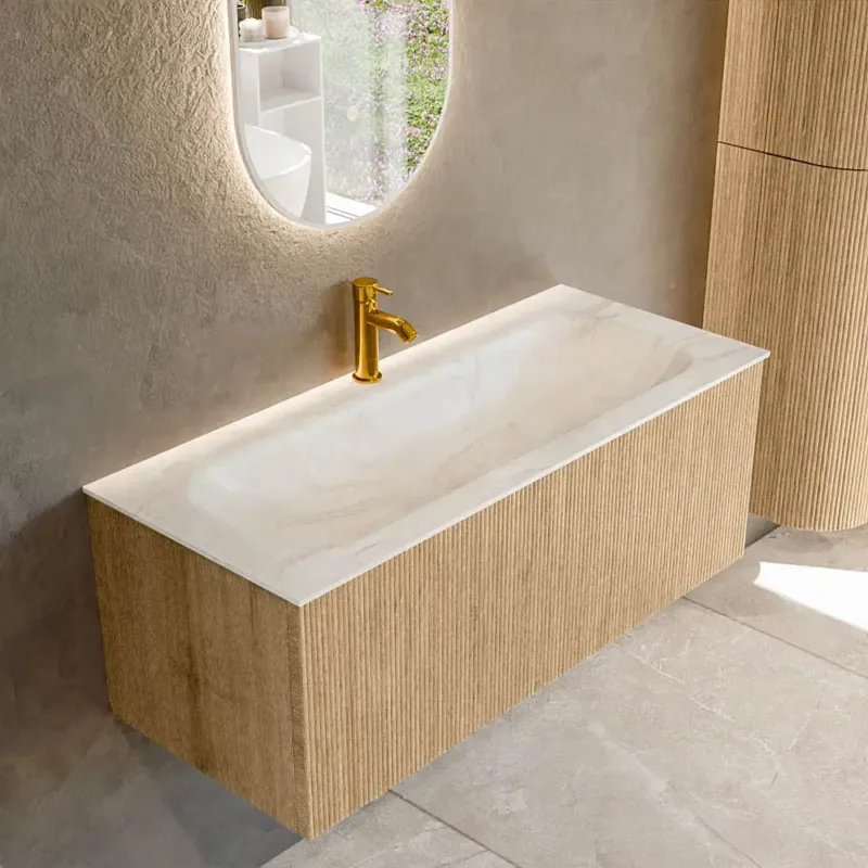 Finale Uitverkoop Mondiaz Kurve-dlux 110cm badmeubel oak met 1 lade en wastafel big medium midden 1 kraangat ostra