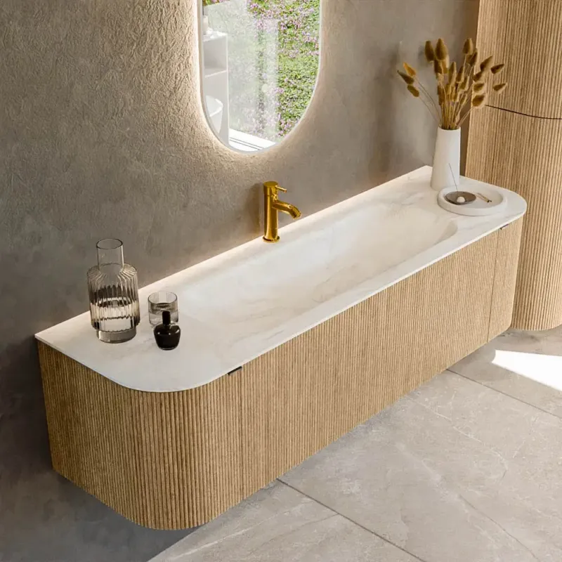 Mondiaz Kurve-dlux 160cm badmeubel ronding links/rechts oak met 1 lade en 2 deuren en wastafel big medium midden 1 kraangat ostra Exclusieve Aanbieding