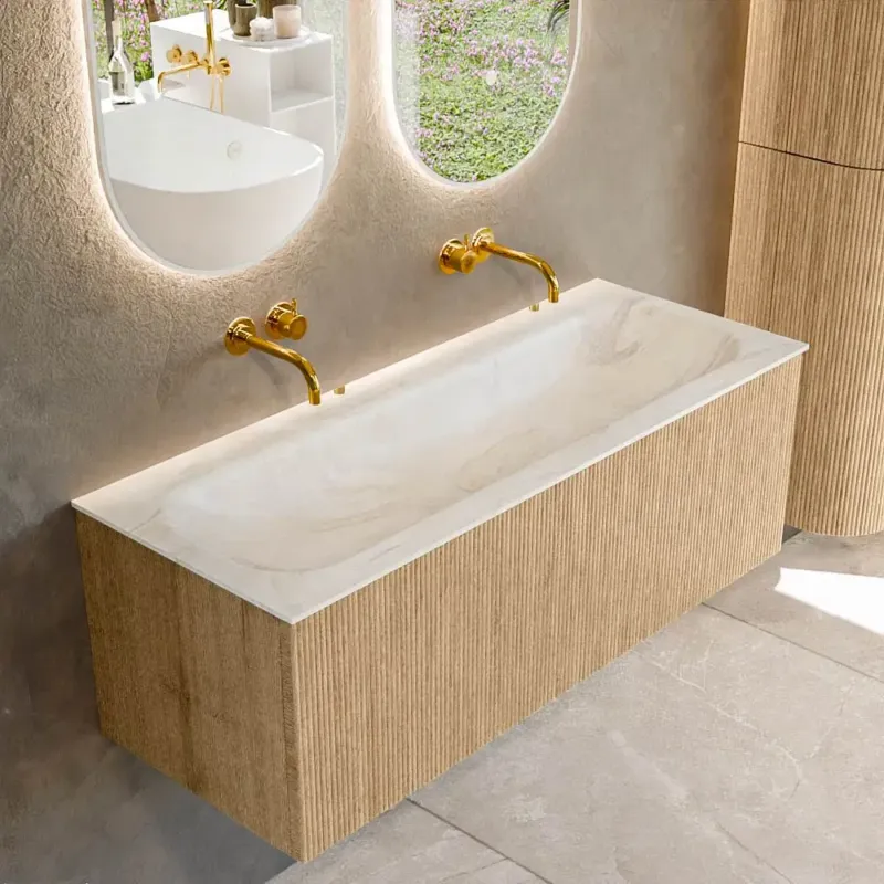 Weekendaanbieding Mondiaz Kurve-dlux 120cm badmeubel oak met 1 lade en wastafel big large midden zonder kraangat ostra