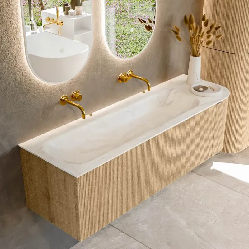 Laatste Versie Mondiaz Kurve-dlux 145cm badmeubel ronding rechts oak met 1 lade en deur en wastafel big large links zonder kraangat ostra