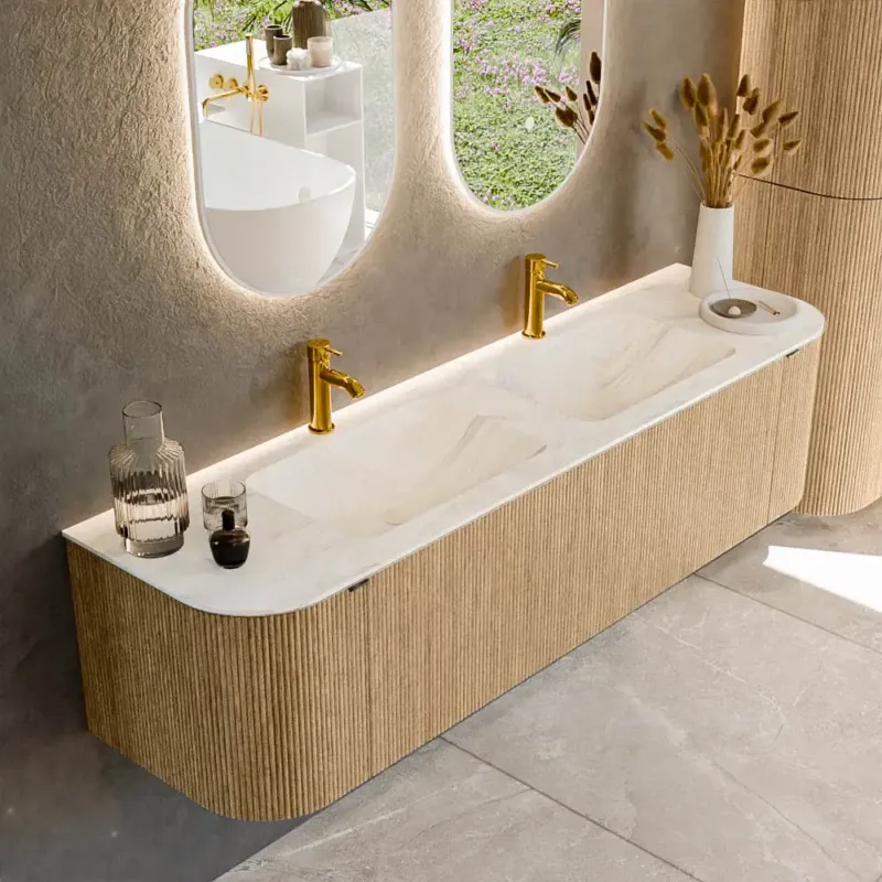 Voordeelprijs Mondiaz Kurve-dlux 170cm badmeubel ronding links/rechts oak met 1 lade en 2 deuren en wastafel leaf dubbel 2 kraangaten ostra