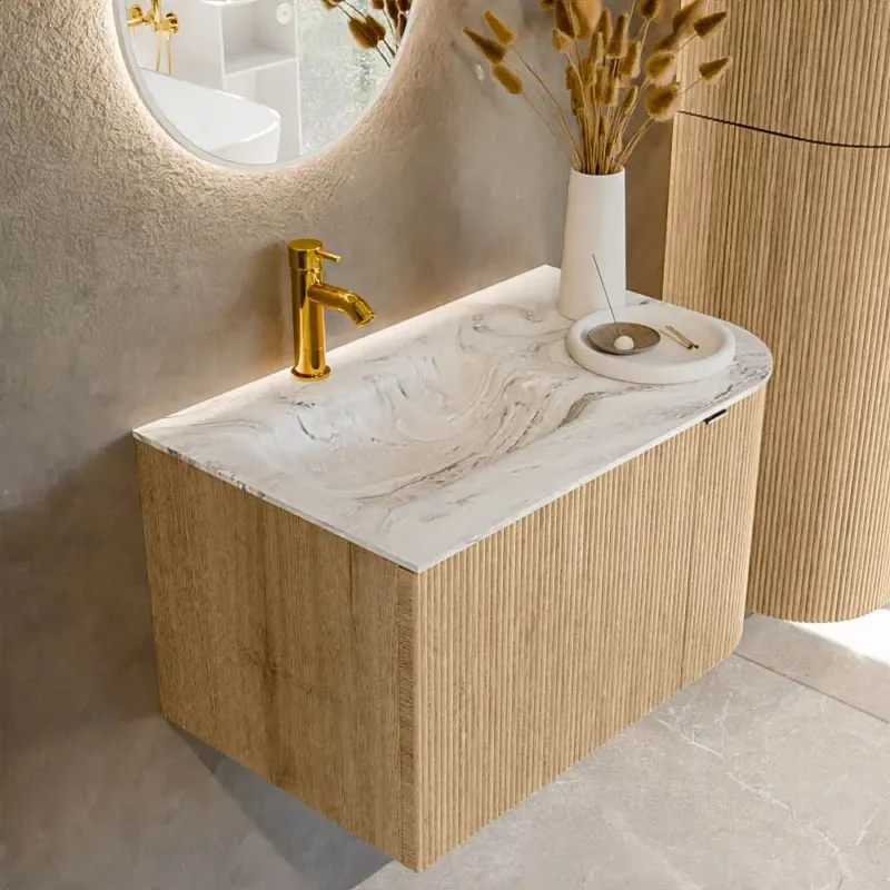Weekendaanbieding Mondiaz Kurve-dlux 75cm badmeubel ronding rechts oak met 1 lade en deur en wastafel grunne kraangat links glace