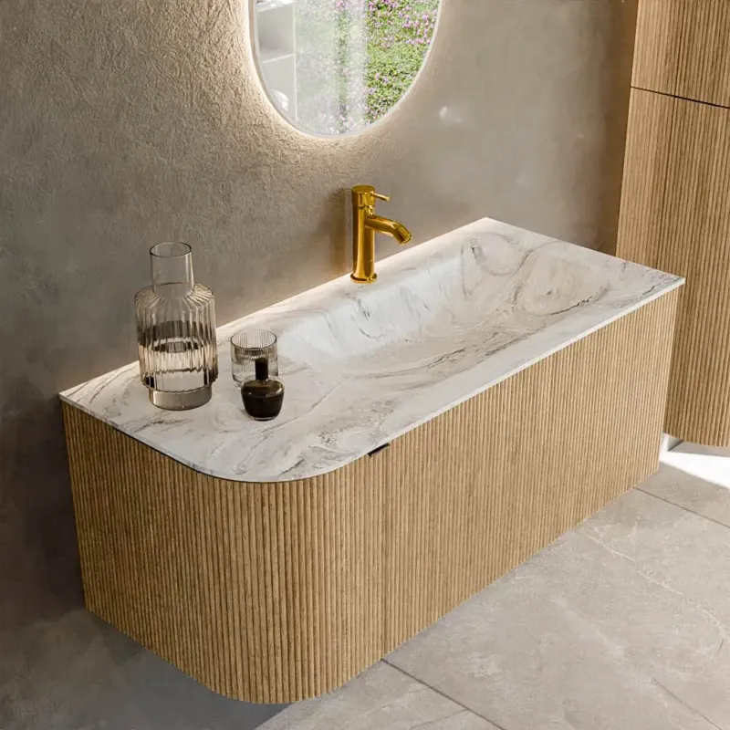Mondiaz Kurve-dlux 105cm badmeubel ronding links oak met 1 lade en deur en wastafel big small kraangat rechts glace Shop Nu