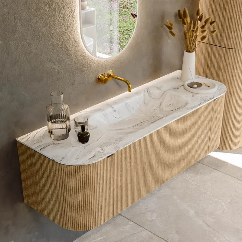 Mondiaz Kurve-dlux 140cm badmeubel ronding links/rechts oak met 1 lade en 2 deuren en wastafel big small midden zonder kraangat glace Korting
