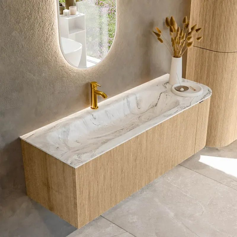 Alleen Vandaag Mondiaz Kurve-dlux 135cm badmeubel ronding rechts oak met 1 lade en deur en wastafel big medium kraangat links glace