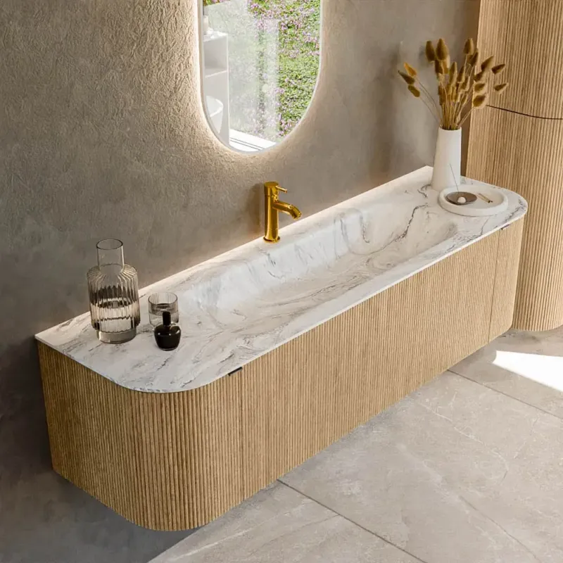 Actieprijs Mondiaz Kurve-dlux 160cm badmeubel ronding links/rechts oak met 1 lade en 2 deuren en wastafel big medium midden 1 kraangat glace