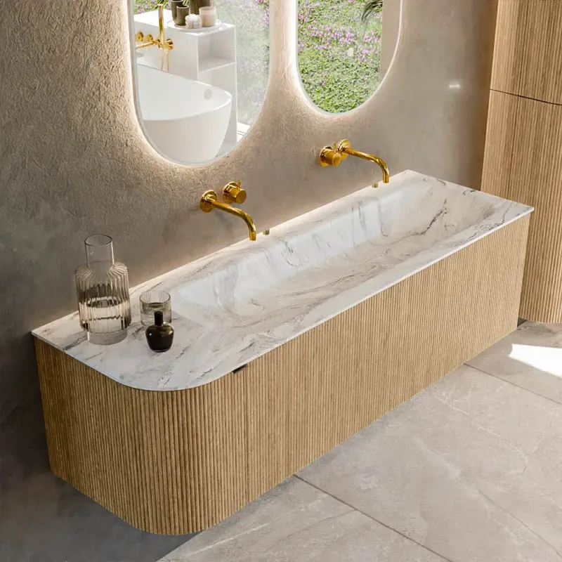 Alleen Vandaag Mondiaz Kurve-dlux 145cm badmeubel ronding links oak met 1 lade en deur en wastafel big large rechts zonder kraangat glace