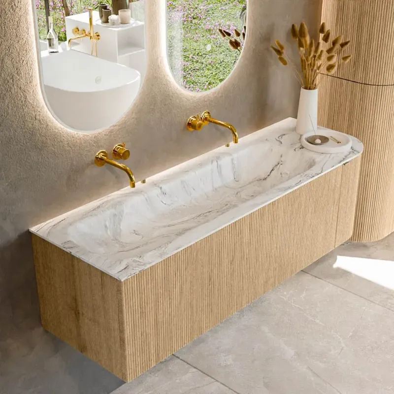 Weekendaanbieding Mondiaz Kurve-dlux 145cm badmeubel ronding rechts oak met 1 lade en deur en wastafel big large links zonder kraangat glace