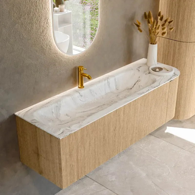 Weekendaanbieding Mondiaz Kurve-dlux 145cm badmeubel ronding rechts oak met 1 lade en deur en wastafel big large kraangat links glace