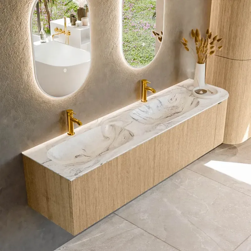 Mondiaz Kurve-dlux 175cm badmeubel ronding rechts oak met 2 lades en 1 deur en wastafel stor small dubbel/links 2 kraangaten glace Beperkte Voorraad