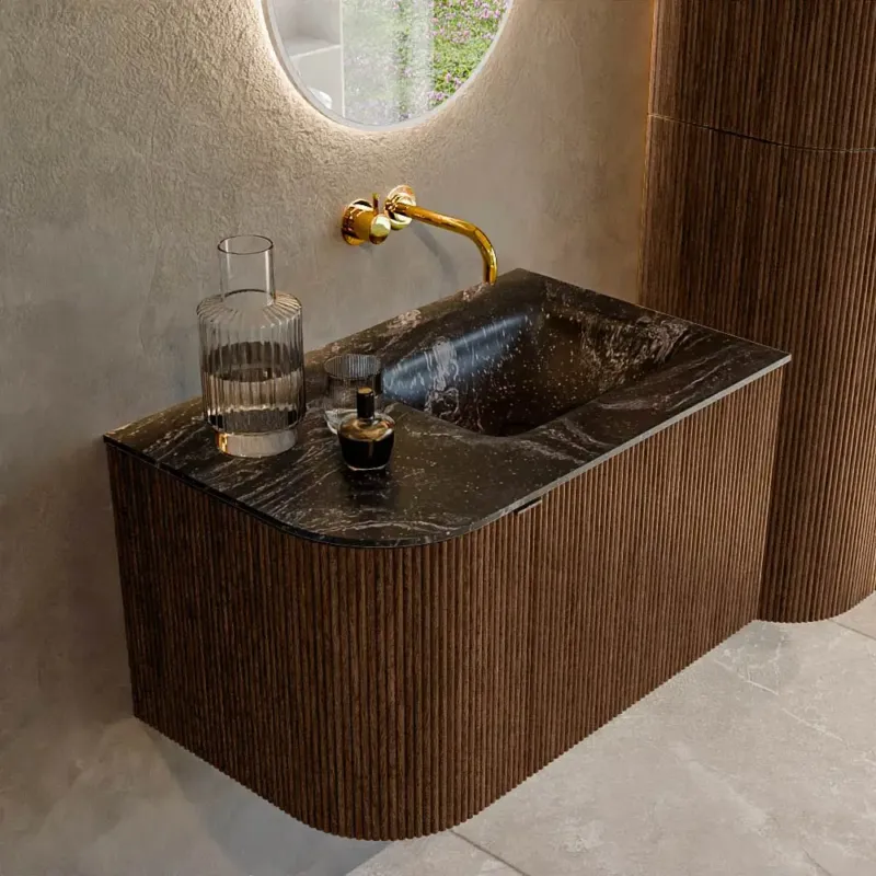 Mondiaz Kurve-dlux 75cm badmeubel ronding links walnut met 1 lade en deur en wastafel grunne rechts zonder kraangat lava Must-Have