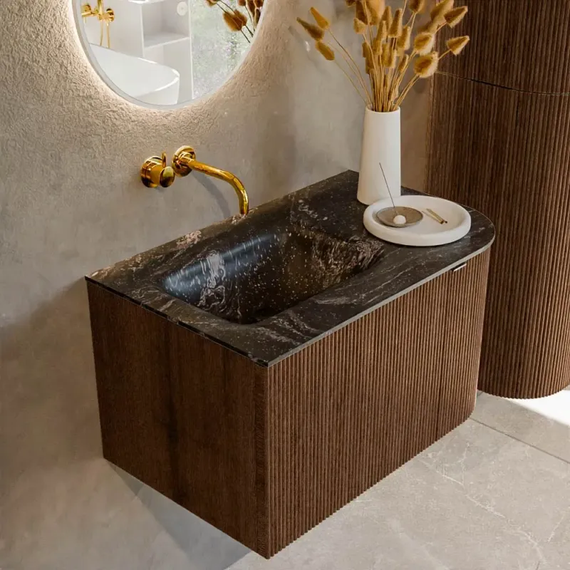 Voordeelprijs Mondiaz Kurve-dlux 75cm badmeubel ronding rechts walnut met 1 lade en deur en wastafel grunne links zonder kraangat lava