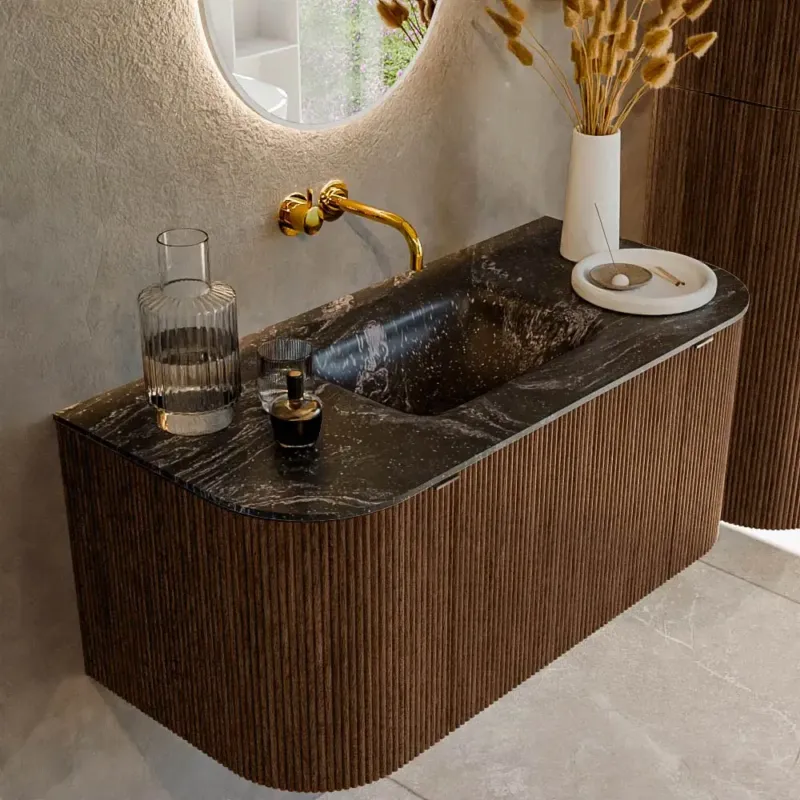 Koopje Mondiaz Kurve-dlux 100cm badmeubel ronding links/rechts walnut met 1 lade en 2 deuren en wastafel grunne midden zonder kraangat lava
