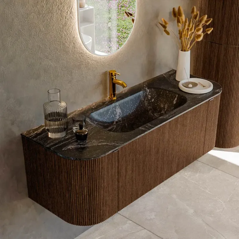 Mondiaz Kurve-dlux 130cm badmeubel ronding links/rechts walnut met 1 lade en 2 deuren en wastafel big small midden 1 kraangat lava Exclusieve Aanbieding