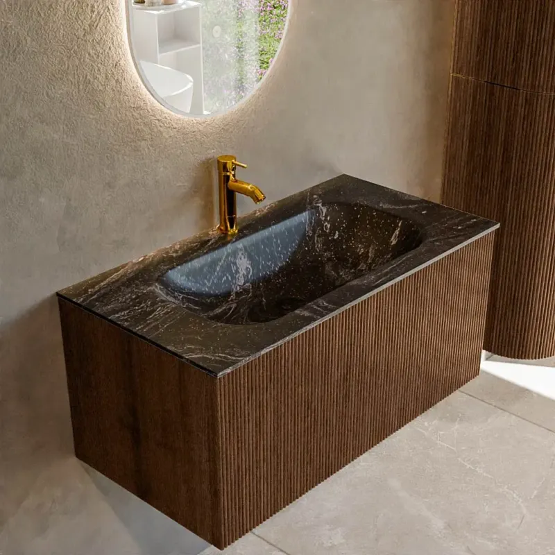 Alleen Vandaag Mondiaz Kurve-dlux 90cm badmeubel walnut met 1 lade en wastafel big small midden 1 kraangat lava