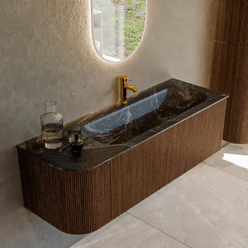 Voordeelprijs Mondiaz Kurve-dlux 135cm badmeubel ronding links walnut met 1 lade en deur en wastafel big medium kraangat rechts lava