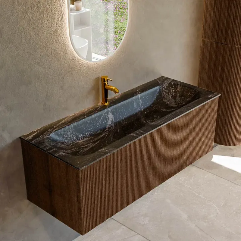 Alleen Vandaag Mondiaz Kurve-dlux 120cm badmeubel walnut met 1 lade en wastafel big large midden 1 kraangat lava