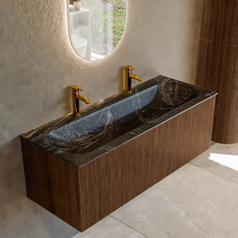 Goedkoop Mondiaz Kurve-dlux 120cm badmeubel walnut met 1 lade en wastafel big large midden 2 kraangaten lava