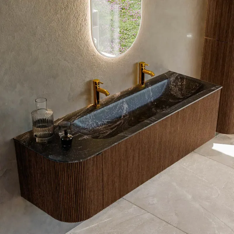 Aanbieding Mondiaz Kurve-dlux 145cm badmeubel ronding links walnut met 1 lade en deur en wastafel big large rechts 2 kraangaten lava