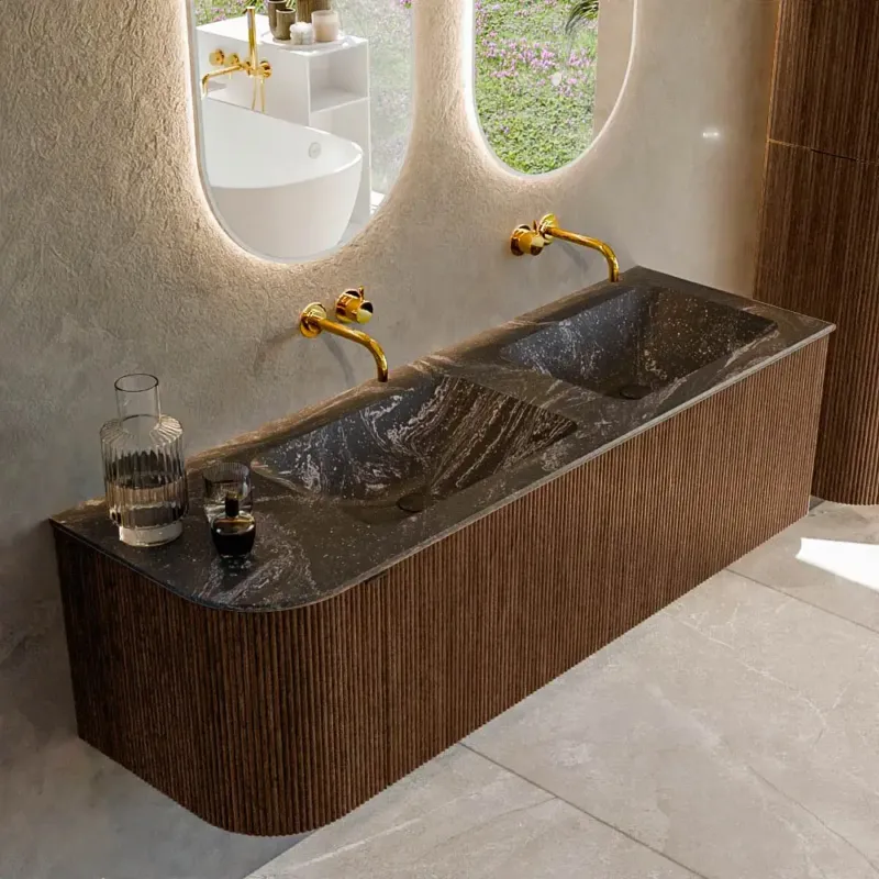 Mondiaz Kurve-dlux 145cm badmeubel ronding links walnut met 1 lade en deur en wastafel leaf dubbel/rechts zonder kraangat lava Alleen Vandaag