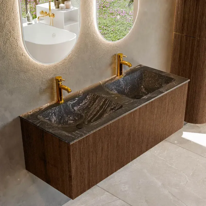Mondiaz Kurve-dlux 120cm badmeubel walnut met 1 lade en wastafel leaf dubbel 2 kraangaten lava Dagaanbieding