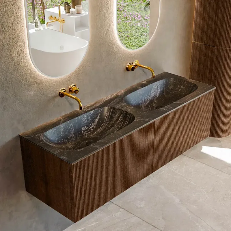 Tijdelijk Beschikbaar Mondiaz Kurve-dlux 140cm badmeubel walnut met 2 lades en wastafel stor small dubbel zonder kraangat lava