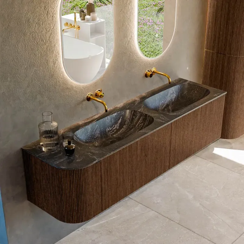 Voordeelprijs Mondiaz Kurve-dlux 165cm badmeubel ronding links walnut met 2 lades en 1 deur en wastafel stor small dubbel/rechts zonder kraangat lava