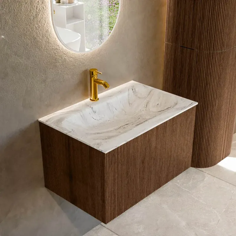 Weekendaanbieding Mondiaz Kurve-dlux 70cm badmeubel walnut met 1 lade en wastafel big small midden 1 kraangat glace
