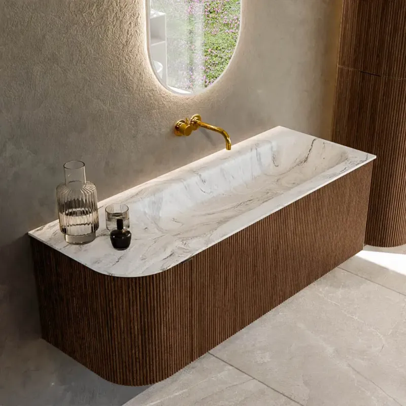 Tijdelijk Beschikbaar Mondiaz Kurve-dlux 125cm badmeubel ronding links walnut met 1 lade en deur en wastafel big medium rechts zonder kraangat glace