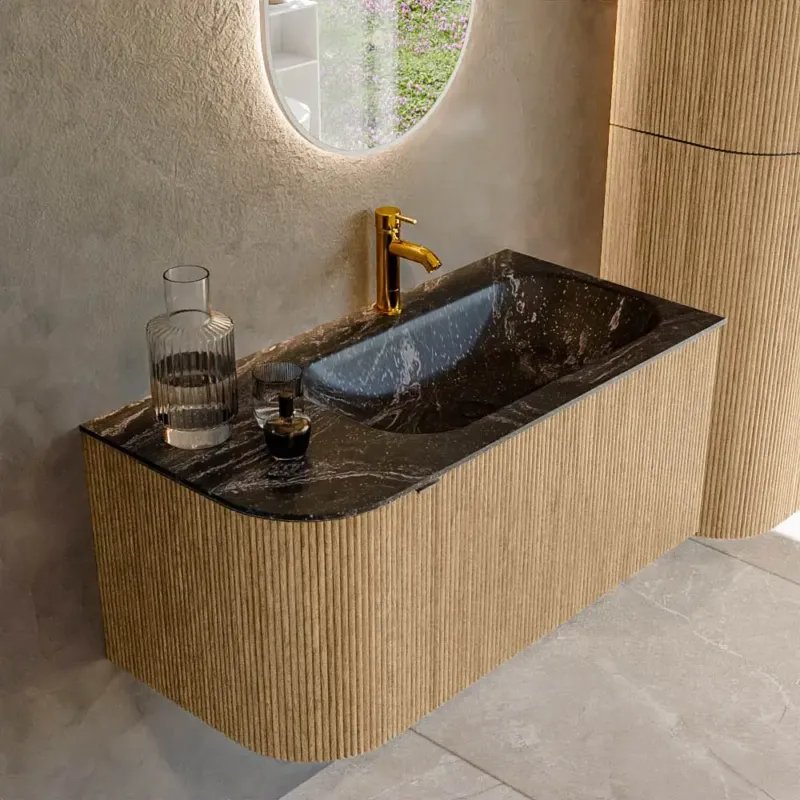 Veilige Betaling Mondiaz Kurve-dlux 95cm badmeubel ronding links oak met 1 lade en deur en wastafel big small kraangat rechts lava