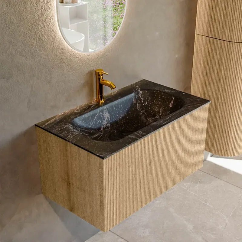 Voordeelprijs Mondiaz Kurve-dlux 80cm badmeubel oak met 1 lade en wastafel big small midden 1 kraangat lava