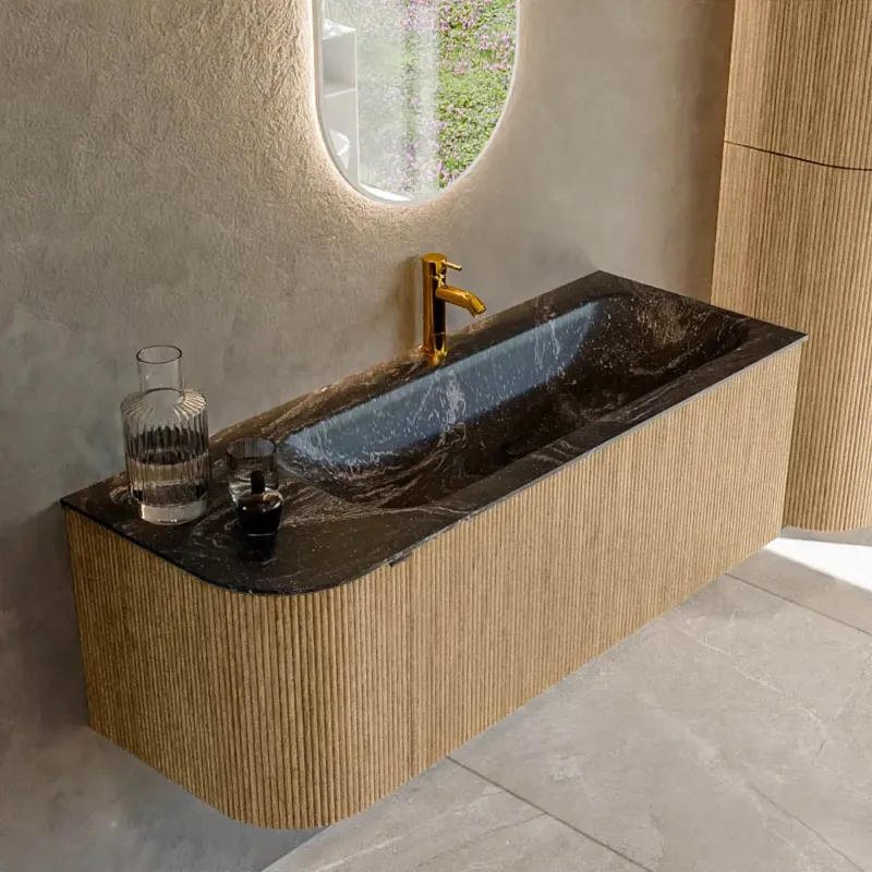 Actieprijs Mondiaz Kurve-dlux 125cm badmeubel ronding links oak met 1 lade en deur en wastafel big medium kraangat rechts lava