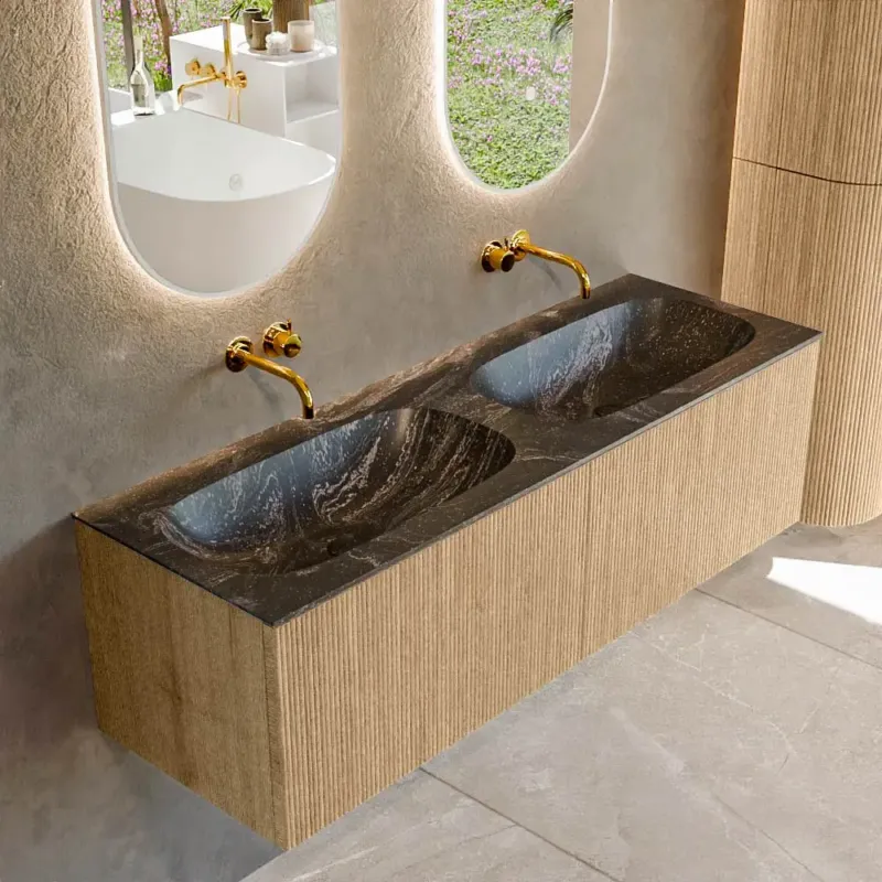 Tijdelijk Beschikbaar Mondiaz Kurve-dlux 140cm badmeubel oak met 2 lades en wastafel stor small dubbel zonder kraangat lava