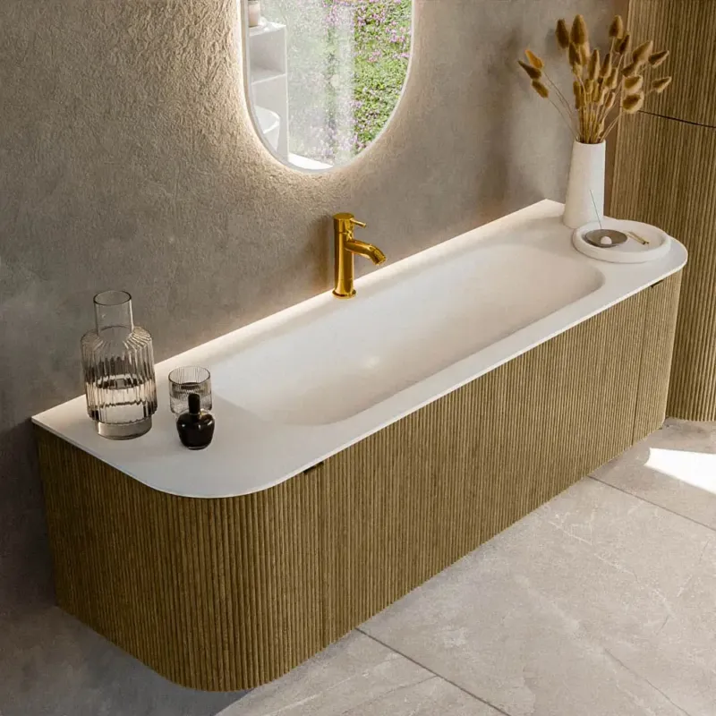 Speciale Aanbieding Mondiaz Kurve 150cm badmeubel ronding links/rechts dusk met 1 lade en 2 deuren en wastafel big medium midden 1 kraangat