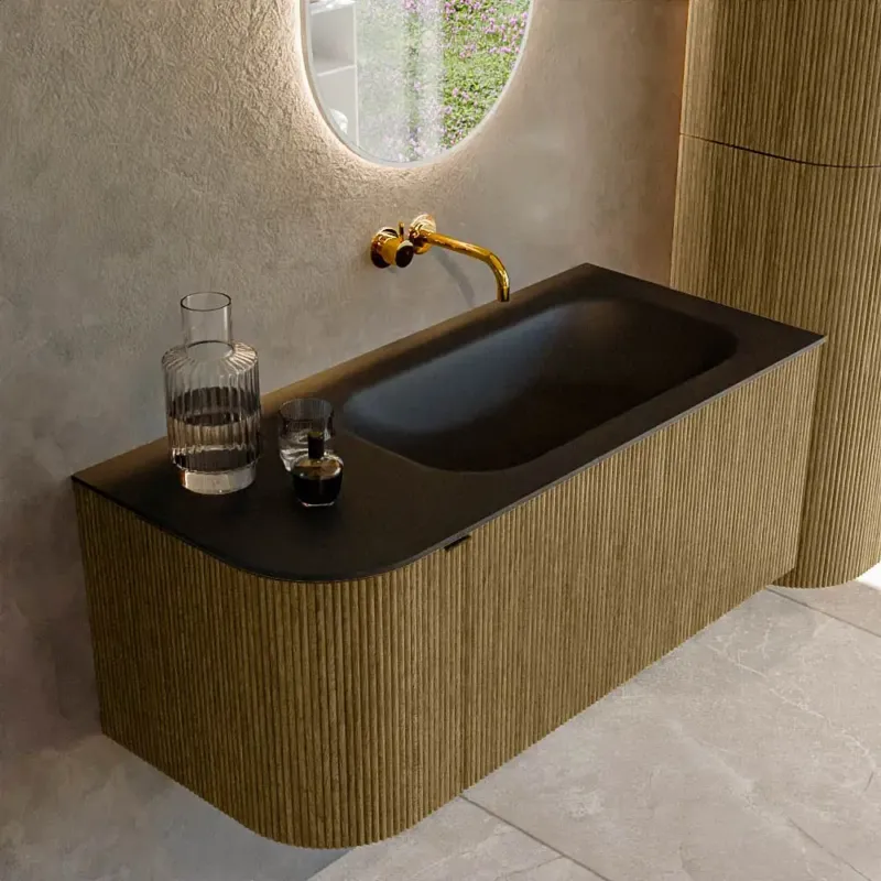 Aanbieding Mondiaz Kurve 105cm badmeubel ronding links dusk met 1 lade en deur en wastafel big small rechts zonder kraangat urban