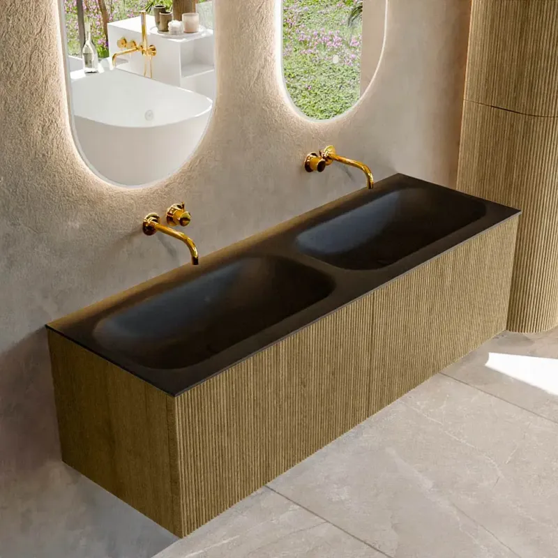 Aanbieding Mondiaz Kurve 140cm badmeubel dusk met 2 lades en wastafel big small dubbel zonder kraangat urban
