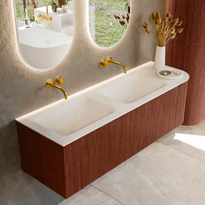 Mondiaz Kurve 145cm badmeubel ronding rechts ruby met 1 lade en deur en wastafel cloud dubbel/links zonder kraangat Dagaanbieding