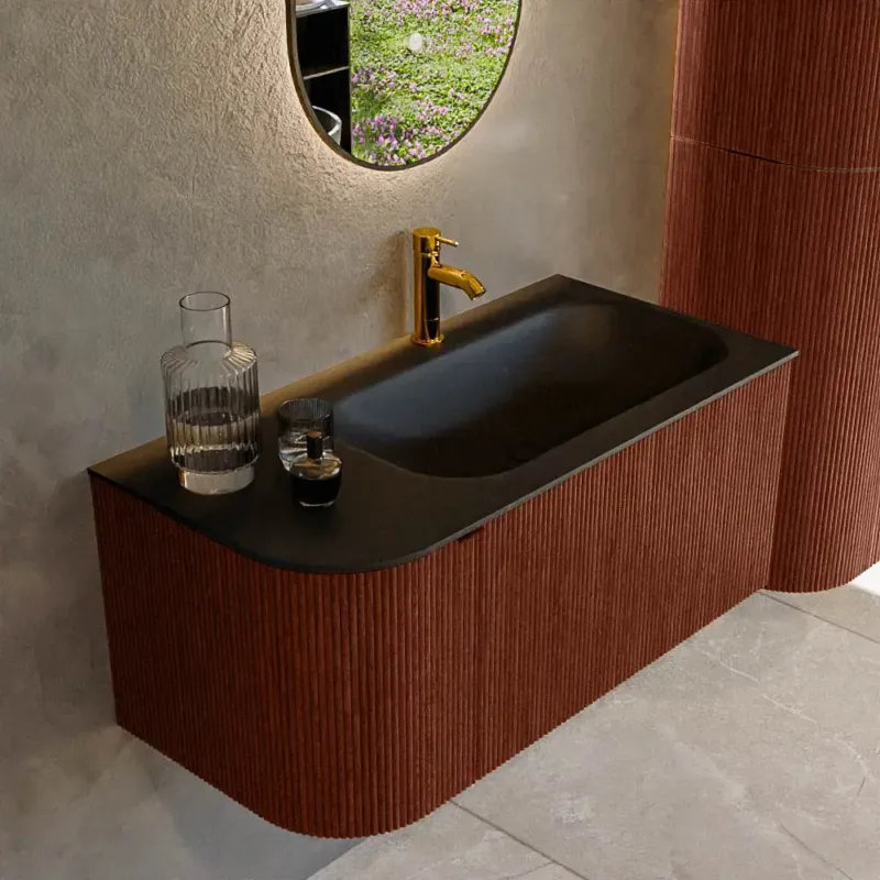 Aanbieding Mondiaz Kurve 95cm badmeubel ronding links ruby met 1 lade en deur en wastafel big small kraangat rechts urban