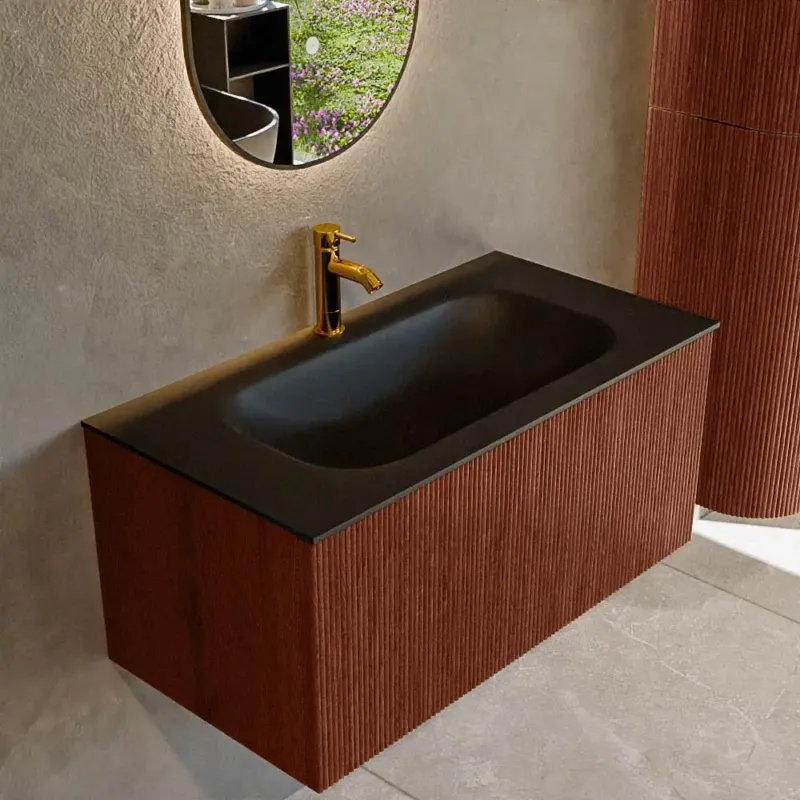 Actieprijs Mondiaz Kurve 90cm badmeubel ruby met 1 lade en wastafel big small midden 1 kraangat urban
