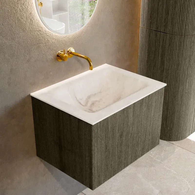 Weekendaanbieding Mondiaz Kurve-dlux 60cm badmeubel shadow met 1 lade en wastafel cloud midden zonder kraangat frappe