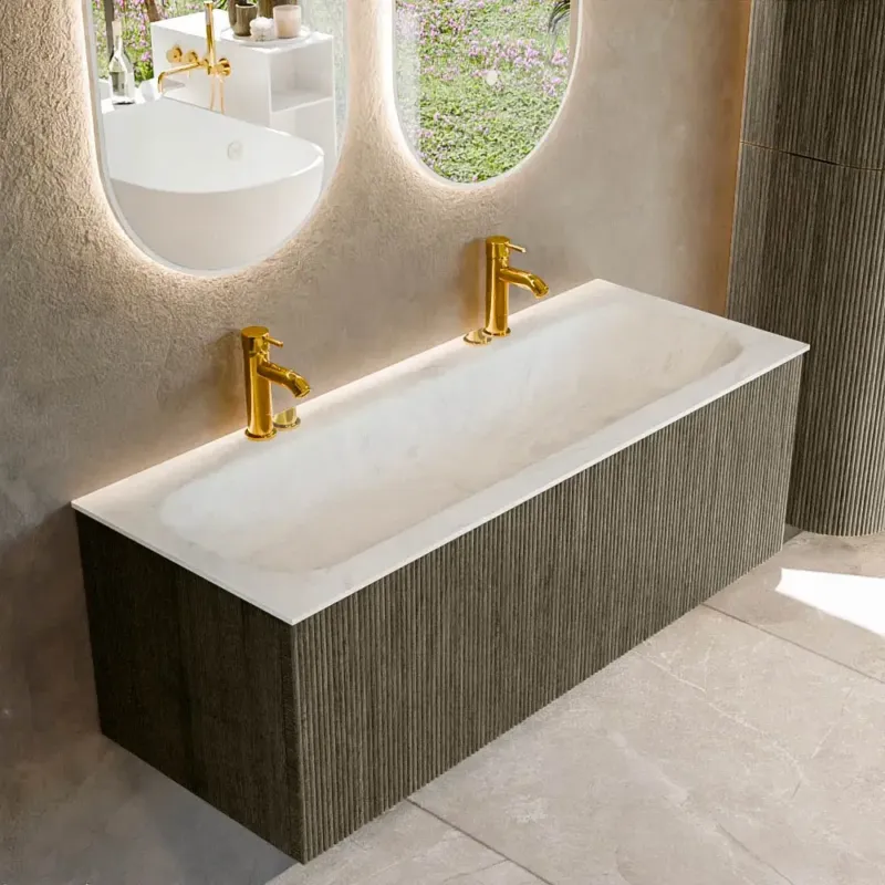 Mondiaz Kurve-dlux 120cm badmeubel shadow met 1 lade en wastafel big large midden 2 kraangaten opalo Beperkte Voorraad