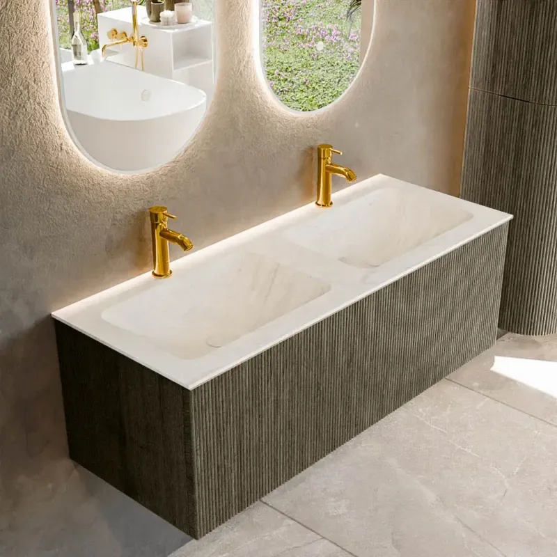 Actieprijs Mondiaz Kurve-dlux 120cm badmeubel shadow met 1 lade en wastafel leaf dubbel 2 kraangaten opalo