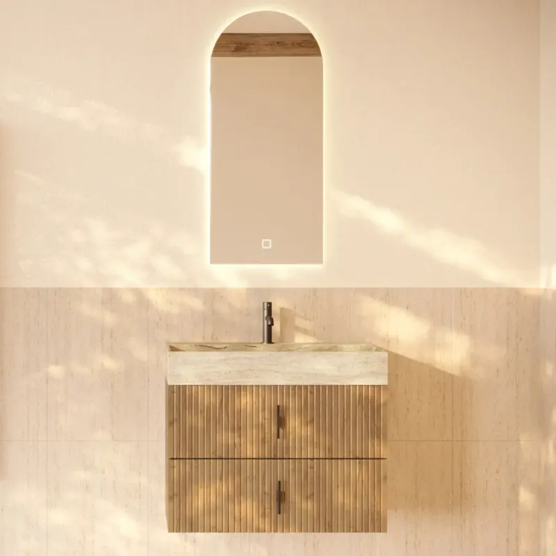 Koopje Muebles Murcia badmeubel ribbelfront 80cm eiken met White Travertin wastafel met kraangat