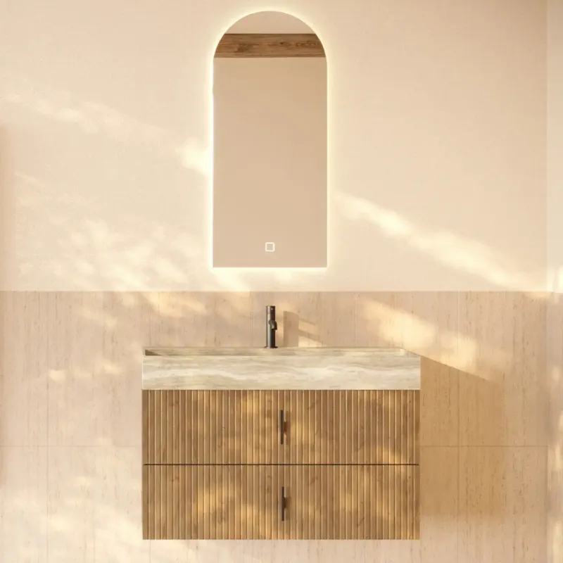 Muebles Murcia badmeubel ribbelfront 100cm eiken met White Travertin wastafel met kraangat Uitverkoop