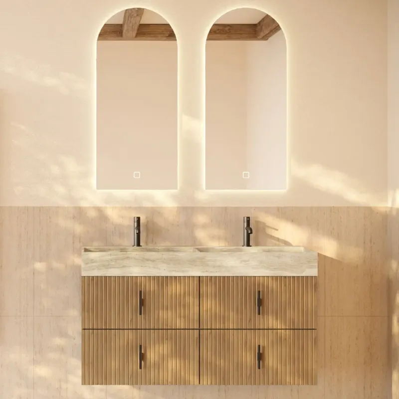 Lage Kosten Muebles Murcia badmeubel ribbelfront 120cm eiken met White Travertin wastafel met kraangaten