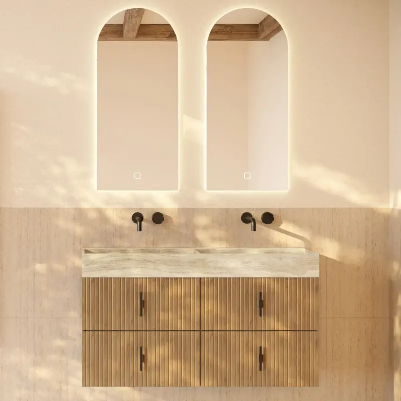 Muebles Murcia badmeubel ribbelfront 120cm eiken met White Travertin wastafel zonder kraangaten Laatste Kans